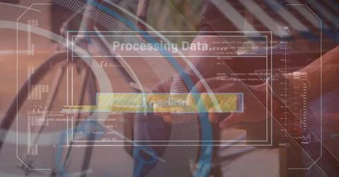 Image of digital screen with loading over hands of caucasian man using smar.. Stock Photos