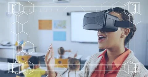 Image of digital screen over smiling biracial female teacher using vr headset Foto stock