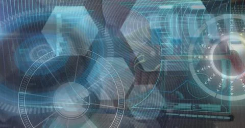 Image of digital screen with processing circles and hexagons Stock Photos