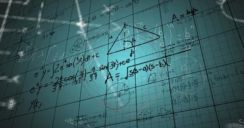 Image of digital screen with scientific data, graphs and math formulas on green Foto stock