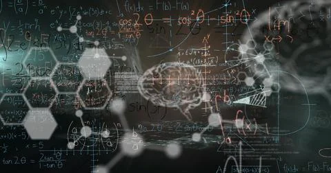 Image of digital screen with scientific data, brain and math formulas on black Stock Photos