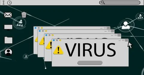Image of digital screen with virus text over network of connections Stock Photos