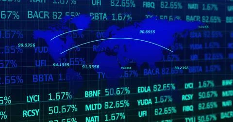 Image of digital screen with world map, financial data and graphs 스톡 일러스트