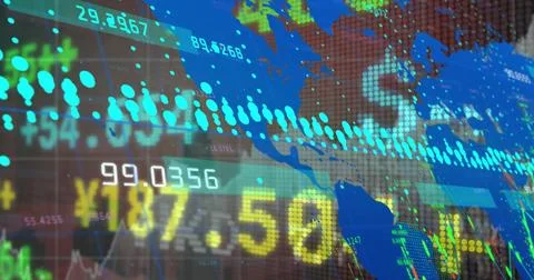 Image of digital screen with world map, financial data and graphs 스톡 일러스트