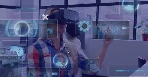 Image of digital screens and data processing over caucasian woman using vr イラスト素材