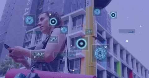 Image of digital screens with data over caucasian woman using smartphone Photos