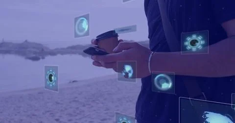 Image of digital screens with data over caucasian man using smartphone Photos