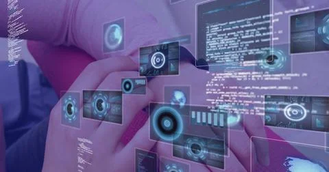 Image of digital screens with data processing over biracial man using smartwatch 스톡 사진