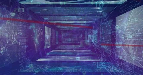 Image of digital screens with data processing and connections on navy background Stock Photos