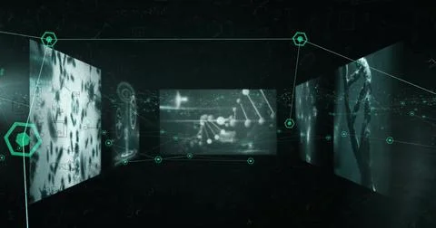 Image of digital screens with science data over network of connections Stock Illustration
