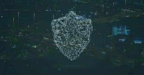 Image of digital shield over cityscape Ilustração Stock