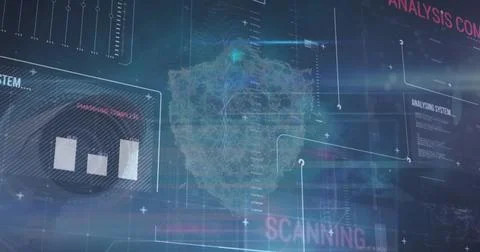 Image of digital shield over scanning and data processing on digital screen 写真素材