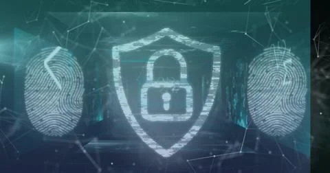 Image of digital shield with padlock and fingerprints over connections and Stock Illustration