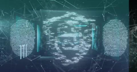 Image of digital shield with padlock and fingerprints over connections and Illustrazione stock