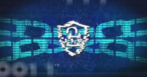 Image of digital shield with padlock and block chain over binary code and navy Stock Illustration