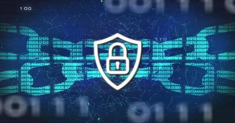 Image of digital shield with padlock and block chain over binary code and navy Stock Illustration