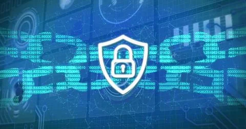 Image of digital shield with padlock and block chain on blue background with Illustrazione stock