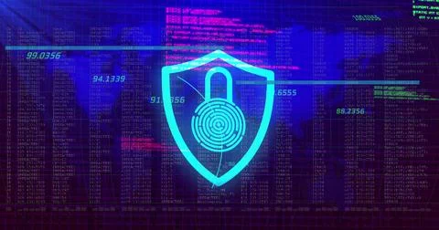 Image of digital shield with padlock and fingerprint over data processing and Stock Photos