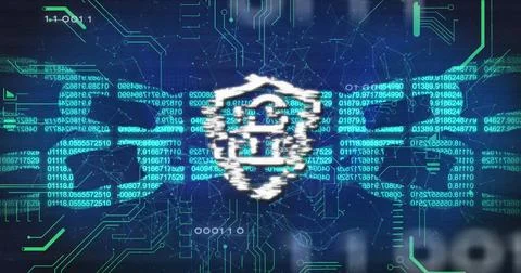 Image of digital shield with padlock and block chain over binary code and navy 库存照片