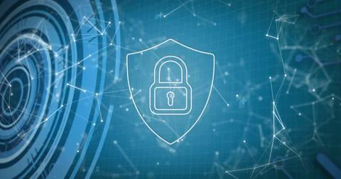 Image of digital shield with padlock and connections on blue background with Stockfoto's