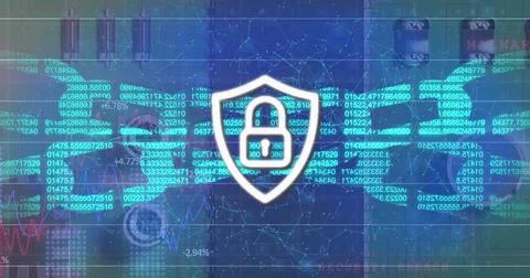 Image of digital shield with padlock and block chains on blue background Stockfoto's