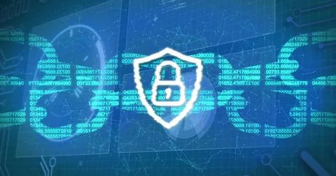 Image of digital shield with padlock and block chain on blue background Stockfoto's