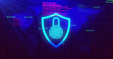 Image of digital shield with padlock over blue background with world map Ilustração Stock