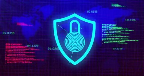 Image of digital shield with padlock over blue background with world map Ilustração Stock