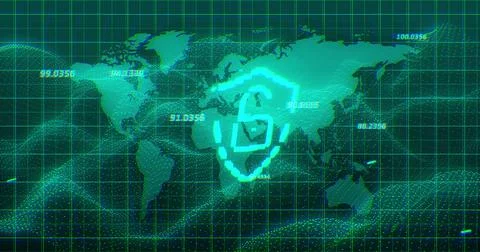 Image of digital shield with padlock over green background with world map Ilustração Stock