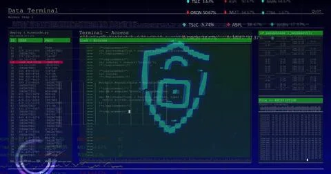 Image of digital shield with padlock over data processing on digital screen Stock Photos