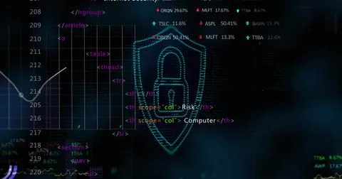 Image of digital shield with padlock over data processing on black background 写真素材