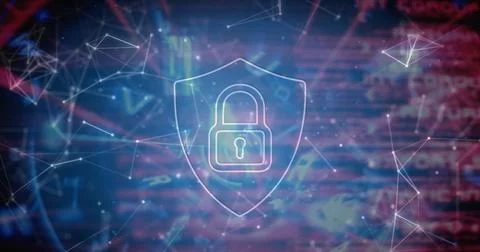 Image of digital shield with padlock over connections and data Foto stock