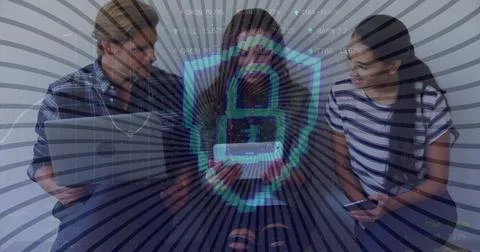 Image of digital shield with padlock over happy diverse female and male Stockfoto's