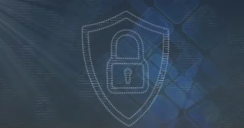 Image of digital shield with padlock over squares and light Stock Photos