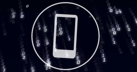 Image of digital smartphone icon, binary coding and data processing Stock Photos