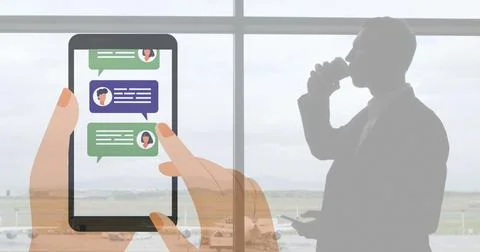 Image of digital smartphone over man drinking coffee at the airport 库存照片