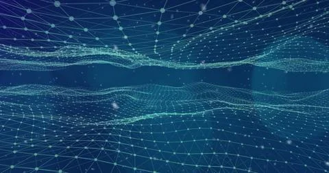 Image of digital snowfall and illuminated dots interconnecting with lines Stock Photos