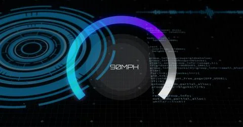 Image of digital speedometer over circular scanner and processing data on black Stock Illustration