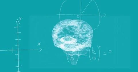 Image of digital spinning brain over mathematical equations Stock Photos