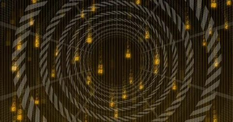 Image of digital tunnel over falling letters Stock Photos