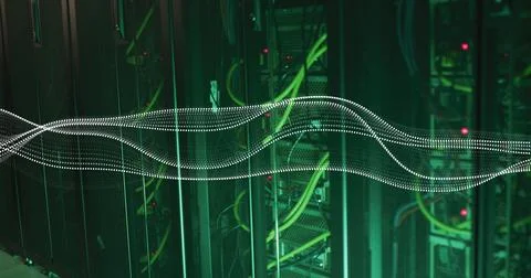 Image of digital wave against close up of a computer server 스톡 일러스트
