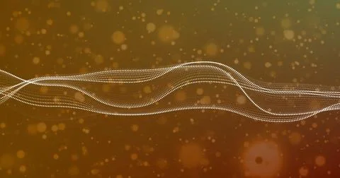 Image of digital wave and spots floating against yellow gradient background Foto stock