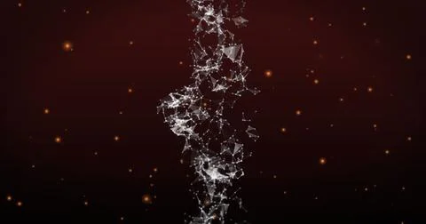 Image of digital wave of plexus networks spinning and glowing orange spots on 스톡 사진