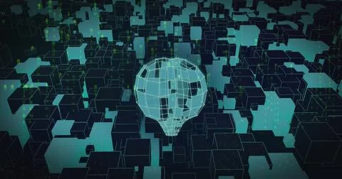 Image of digital wireframe globe floating among abstract data blocks in virtual 스톡 일러스트