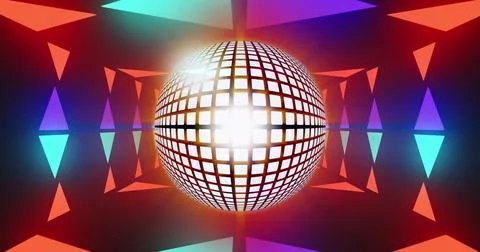 Image of disco ball over colorful shapes on black background Stock Illustration