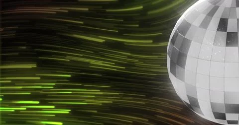 Image of disco ball over light trails on green light trails background Stock Photos