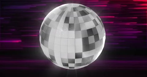 Image of disco ball over light trails on pink and purple light trails background Stock Photos