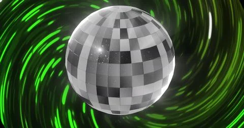 Image of disco ball over light trails on green light trails background Stock Photos