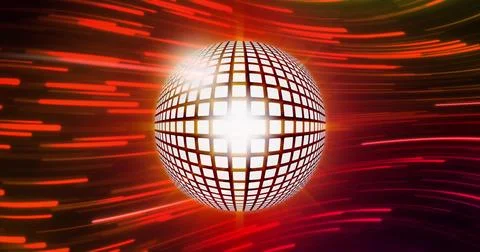 Image of disco ball over light trails on red and orange light trails background Stock Photos