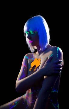 Image of disco girl with luminous pattern on body Portrait of disco girl w... Stock Photos